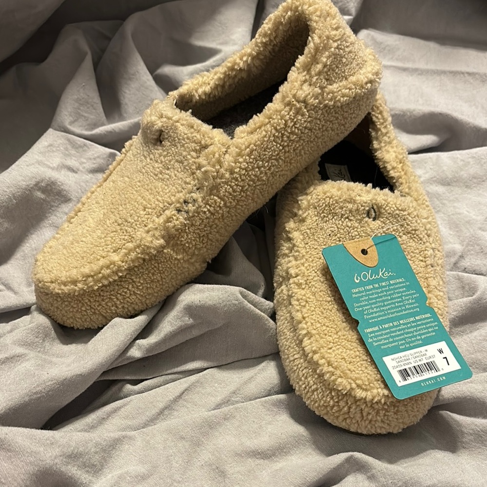 OluKai Tan Fuzzy Slippers